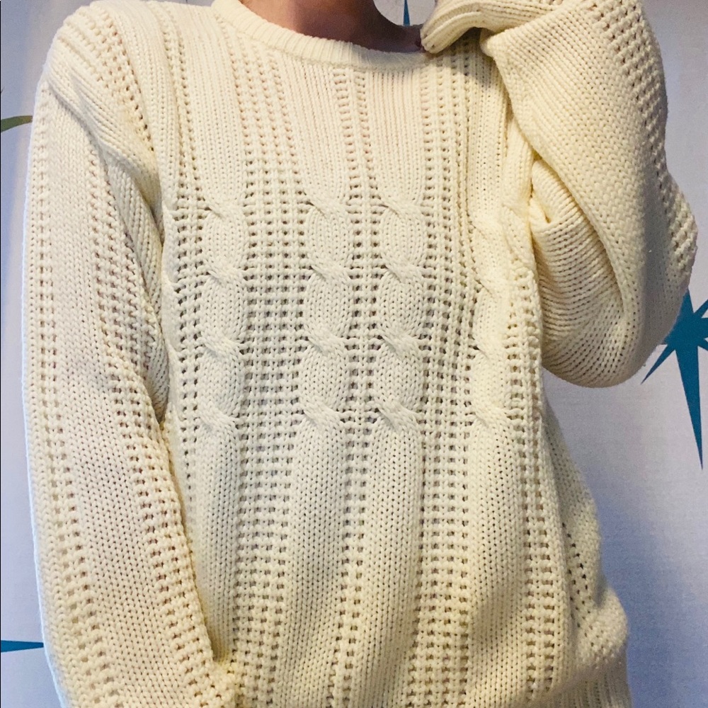 Vintage Oversized Pullover Cream Knit Swea…